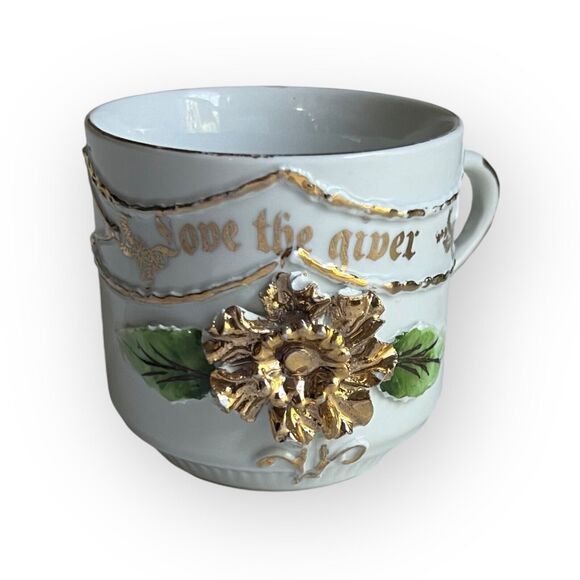 Antique Vtg Made in Germany Porcelain Embossed Floral "Love the Giver" Mug, Cup - Picture 11 of 13